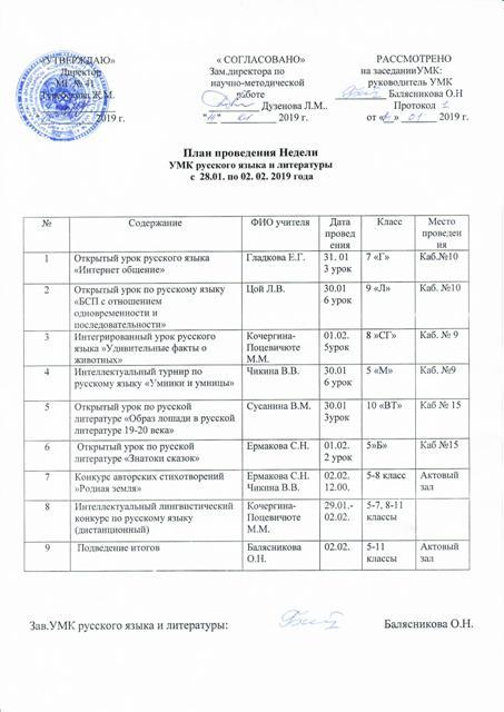 План проведения Недели УМК русского языка и литературы с 28.01 по 02.02.2019 года