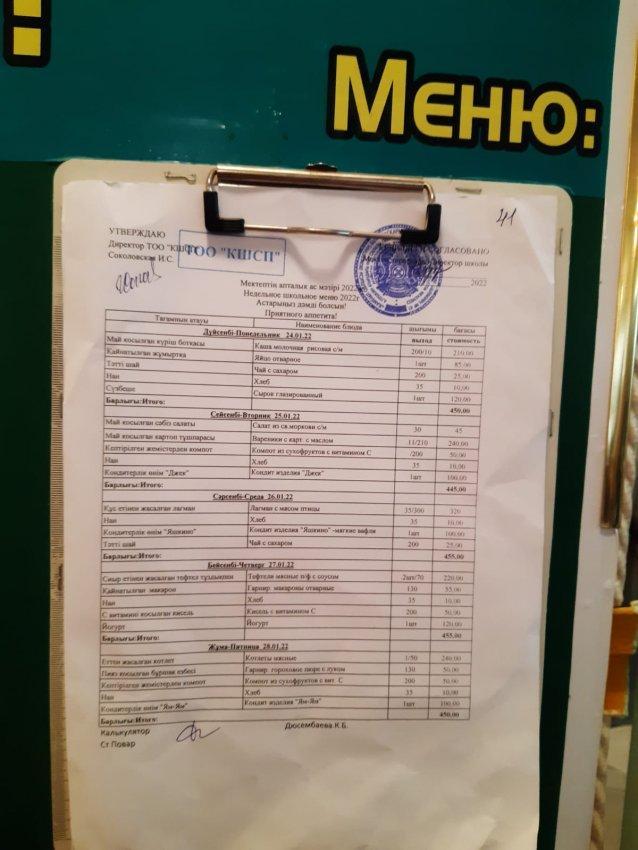 Мектептің апталық ас мәзірі