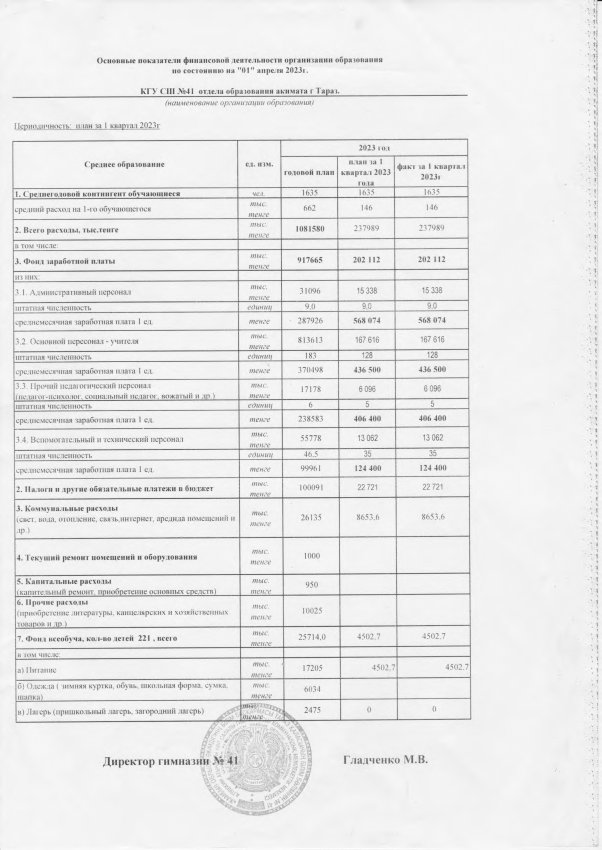 Основные показатели финансовой деятельности МГ №41
