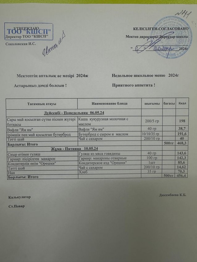 Ас мәзірі 06.05.2024-10.05.2024