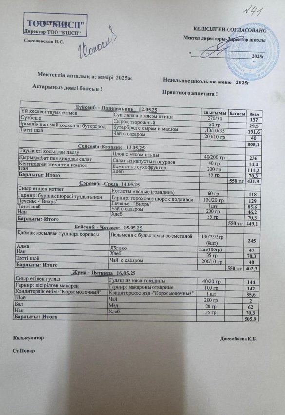 Ас мәзірі 12.05.2025-16.05.2025