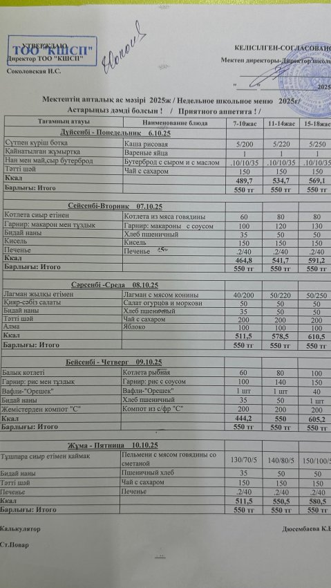 Ас мәзірі 05.10.2025-10.10.2025