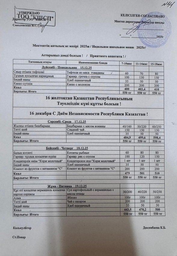 Меню по питанию 16.12.2025-19.12.2025