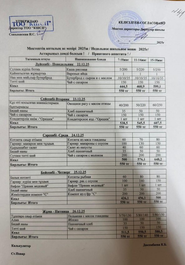 Ас мәзірі 22.12.2025-26.12.2025