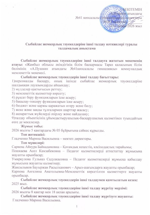 Сыбайлас жемқорлық тәуекелдерін ішкі талдау нәтижелері туралы талдамалық анықтама