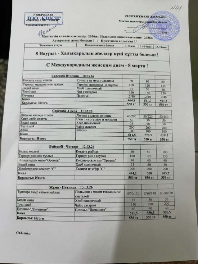 Ас мәзірі 10.03.2026-13.03.2026