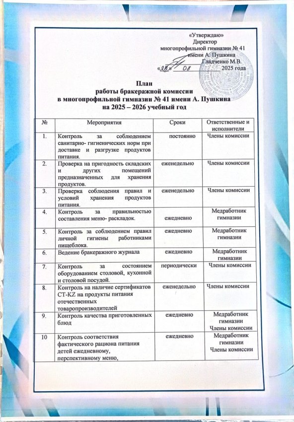 План работы бракеражной комиссии