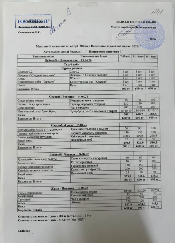 Ас мәзірі  13.04.2026-17.04.2026