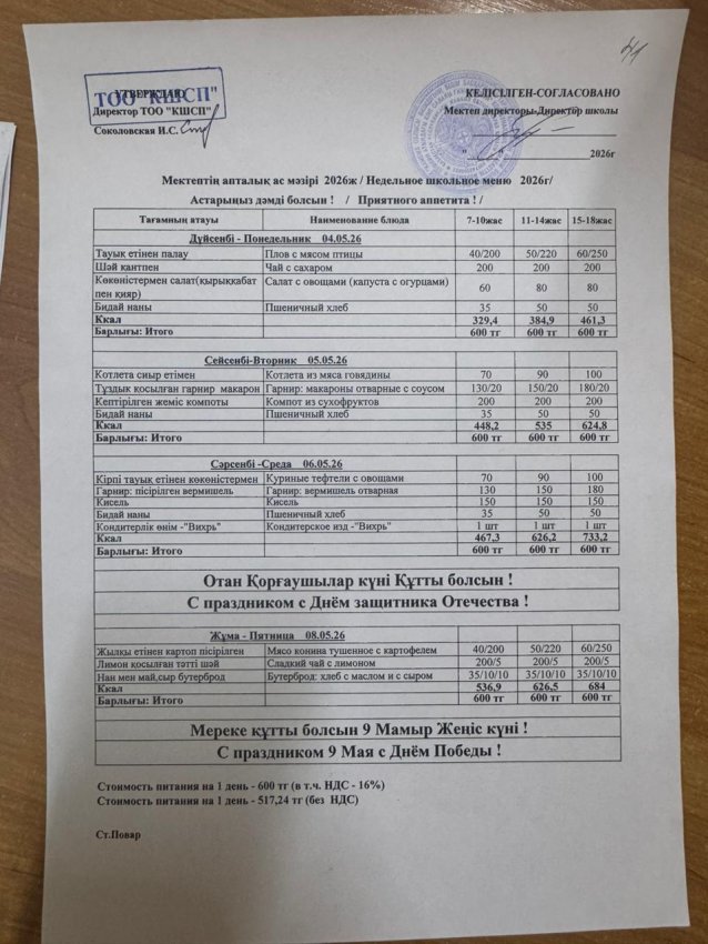 Ас мәзірі 04.05.2026-08.05.2026